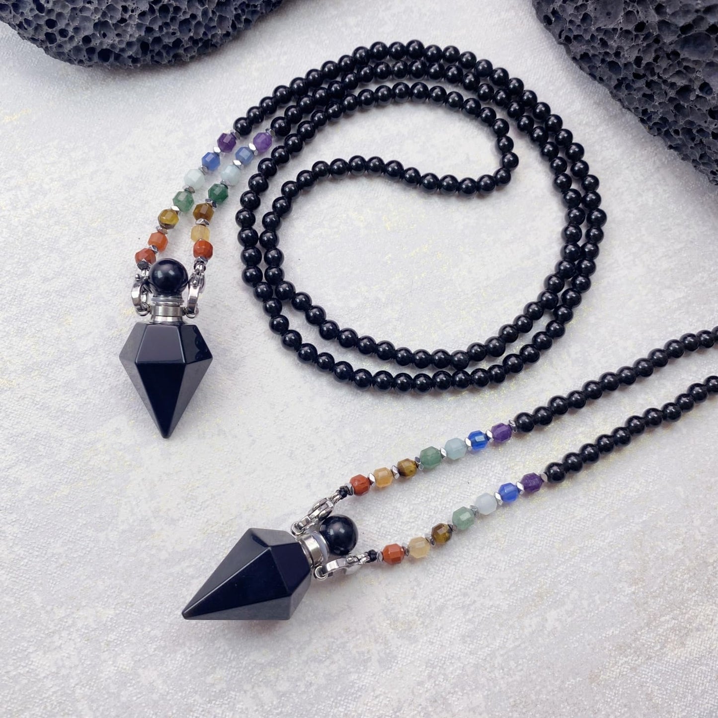 EDEN'S CALL Black Obsidian Crystal Point Perfume Bottle Pendant Necklace, 7 Chakra Crystal Bead Aromatherapy Diffuser Pendant Jewelry Gifts for Women
