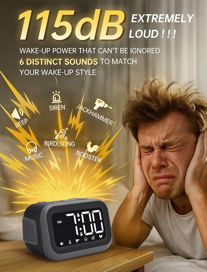 Acedeck Super Loud Alarm Clock: 115dB Wake-Up Power | Dual Alarms and 6 Alarm Sounds for Heavy Sleepers Adults and Shift Workers - Bedroom and Daily Wake-Up Use (White Digits)