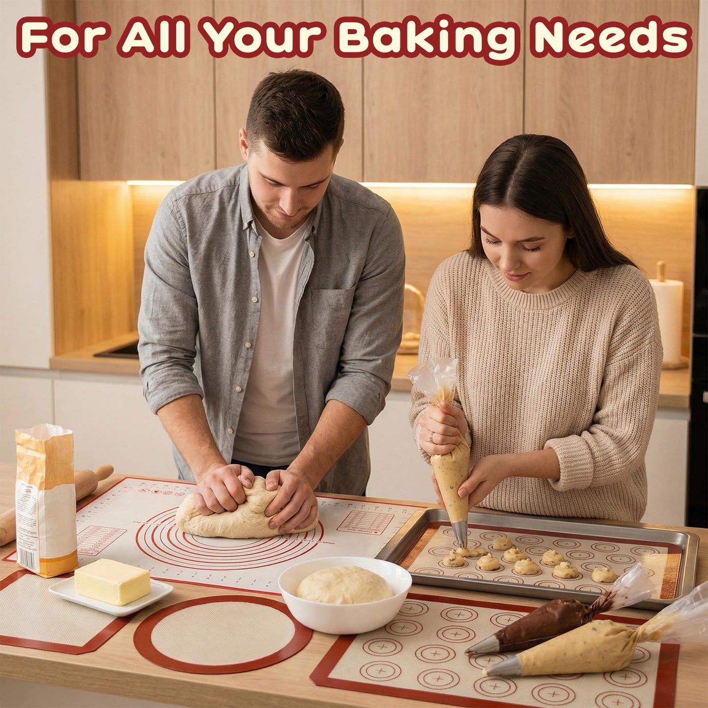HEIFAM Non-stick Silicone Baking Mat Set of 7, Large Baking Silicone Mat Oven Liner Sheet Reusable, Round Square Cake Mats Tools Accessories, Baking Mats with Measurements for Macaron Dough Pastry red