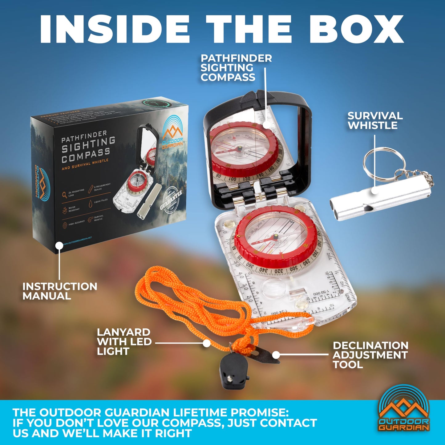 Outdoor Guardian Pathfinder Sighting Compass - Precise Navigation, Hiking and Orienteering Mirror Compass with Luminous Bezel, Adjustable Declination, Clinometer, LED and Survival Whistle, Scout Gifts