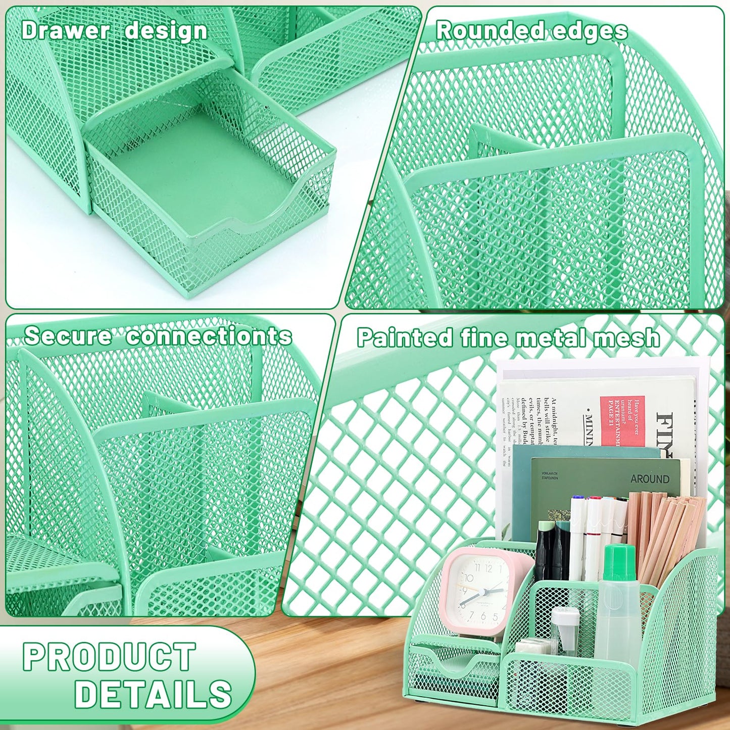 13-in-1 Office Desk Organizer Set with Stapler and Tape Dispenser, Pen Holder, Scissors, Ruler, Hole Punch, 2 Pens & More Desktop Accessories for Back to School Supplies (Green)