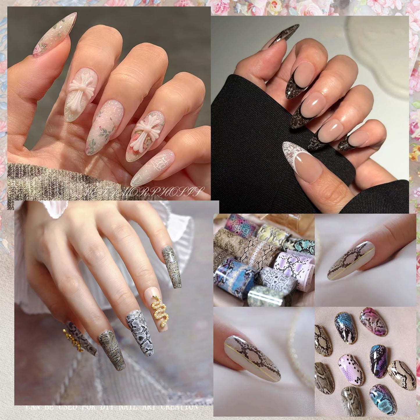 GZMAYUEN 100 Sheets Nail Foil Transfer Sheets, 4 * 20CM Lace Flower Leopard Print Nail Foil Transfer Sticker Kit, 1 Pcs Nail Art Engraving Pen Silicone Pen