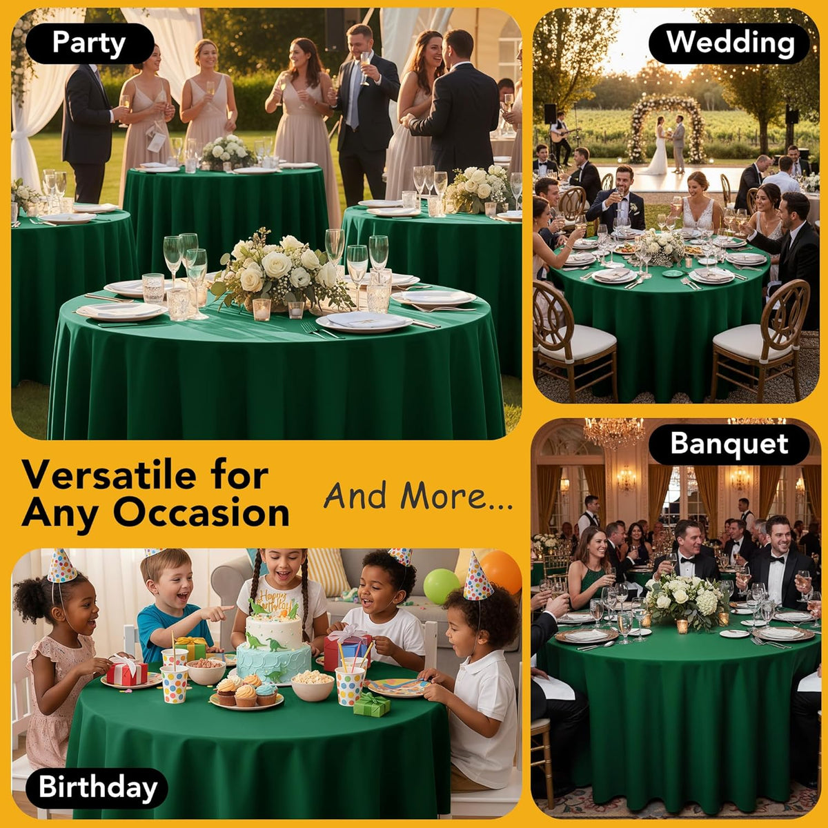 6-Pack Hunter Green Round Tablecloths, 132 Inches, Stain-Resistant Polyester for 6-8 Ft Round Tables - Washable Table Covers for Weddings, Banquets, Birthday Parties, Events