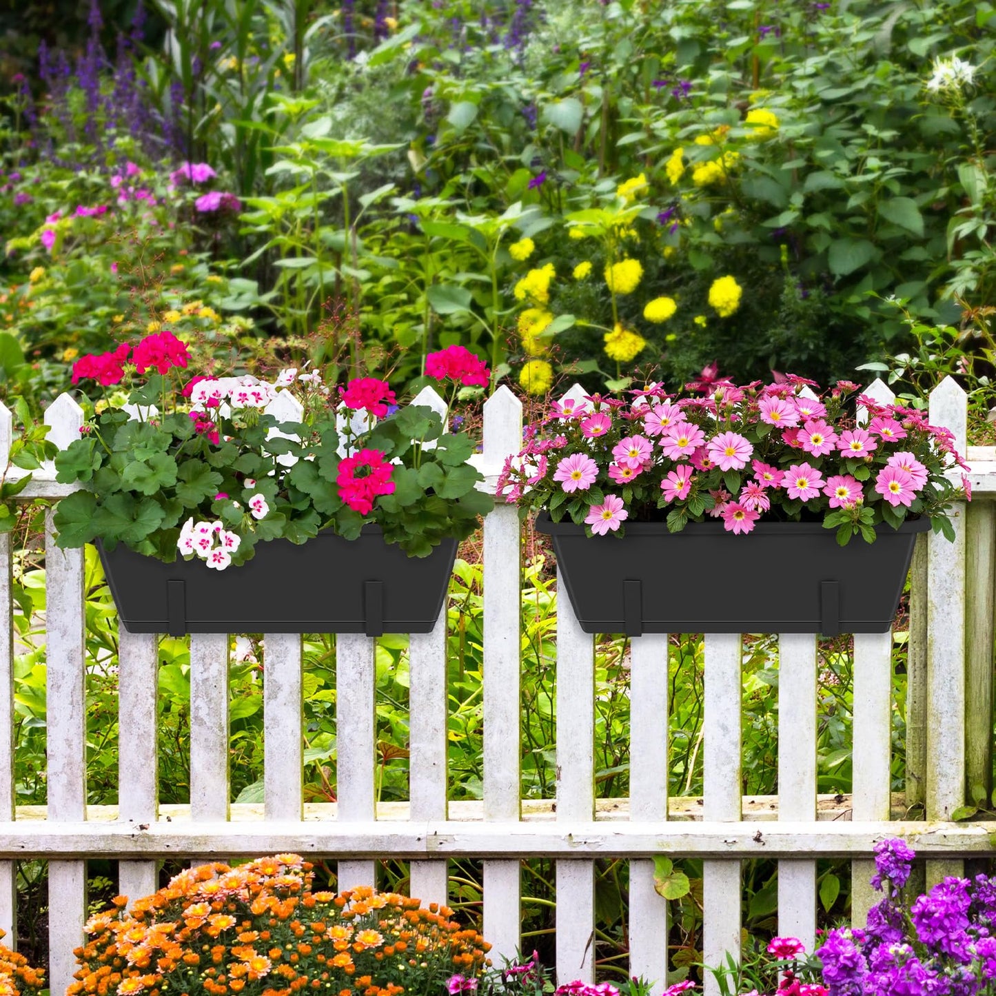 CADUKE Railing Planter Boxes 2 Pack 17 Inch Window Boxes Black Rectangle Railing Flower Box with Adjustable Bracket Window Deck Hanging Planters Boxes for Outdoor Patio