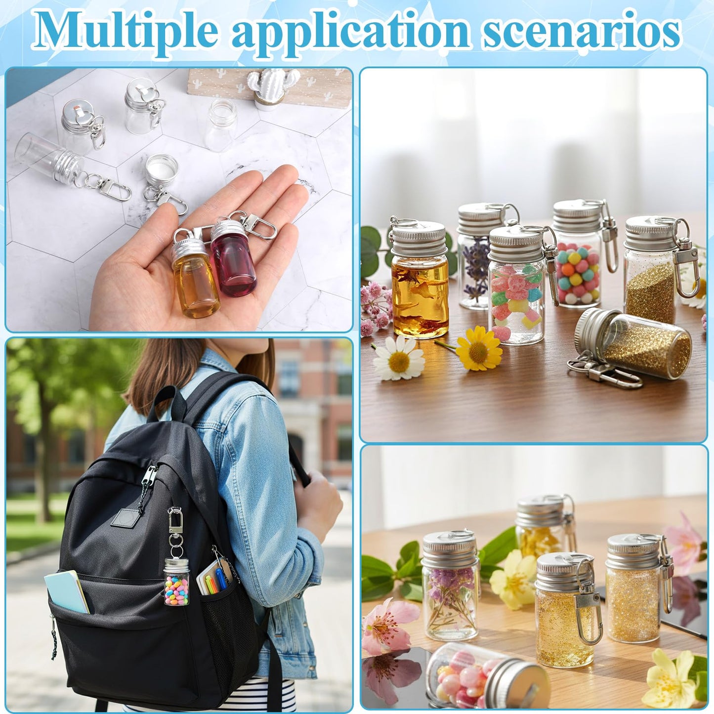 Yuanan 30 PCS Mini Keychain Seasoning Bottles with Lids, 7ml Glass Spice Containers Glass Wishing Bottle Empty Tiny Glasses Jars Mini Message Glasses Bottle for Travel, Outdoors, Lunchboxes, Camping