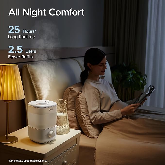 LEVOIT Top Fill Humidifiers for Bedroom, 2.5L Tank for Large Room, Easy to Fill & Clean, 28dB Quiet Cool Mist Air Humidifier for Home Baby Nursery & Plants, Auto Shut-off and BPA-Free for Safety, 25H