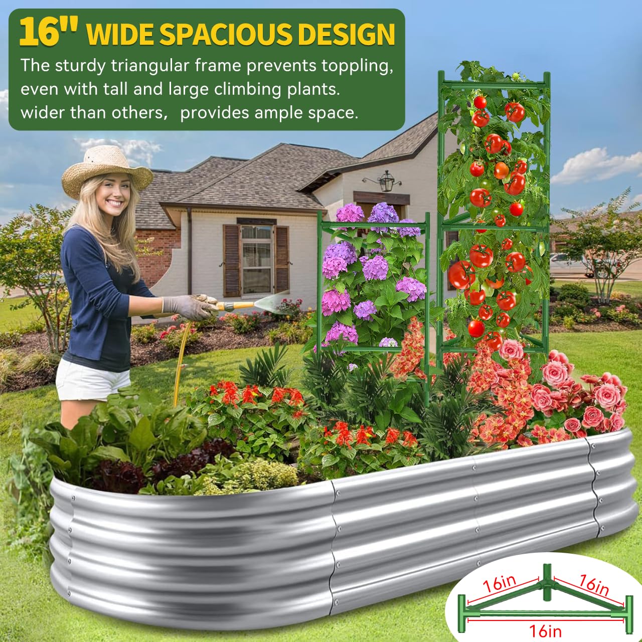 2 Pack Large Tomato Cage for Garden Up to 49" H X 16" W Metal Plant Support Stakes with Clips Triangle Pea Cages Cucumber Trellis for Vegetables Pots Vines Flowers Climbing Plants