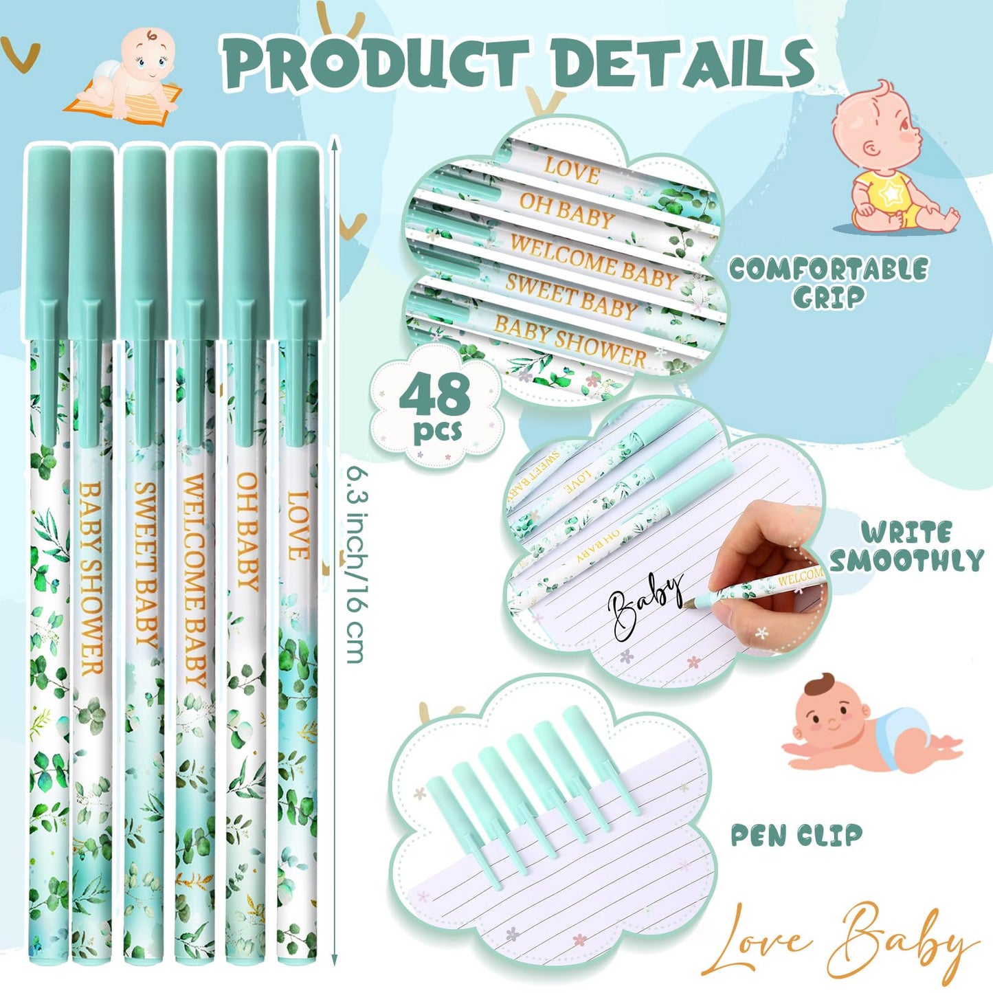Humyoun 48 Pcs Eucalyptus Leaf Baby Shower Ballpoint Pens Black Ink Bulk for Greenery Baby Shower Party Supplies Guests Gifts School Supply Table Decorations, 6 Styles