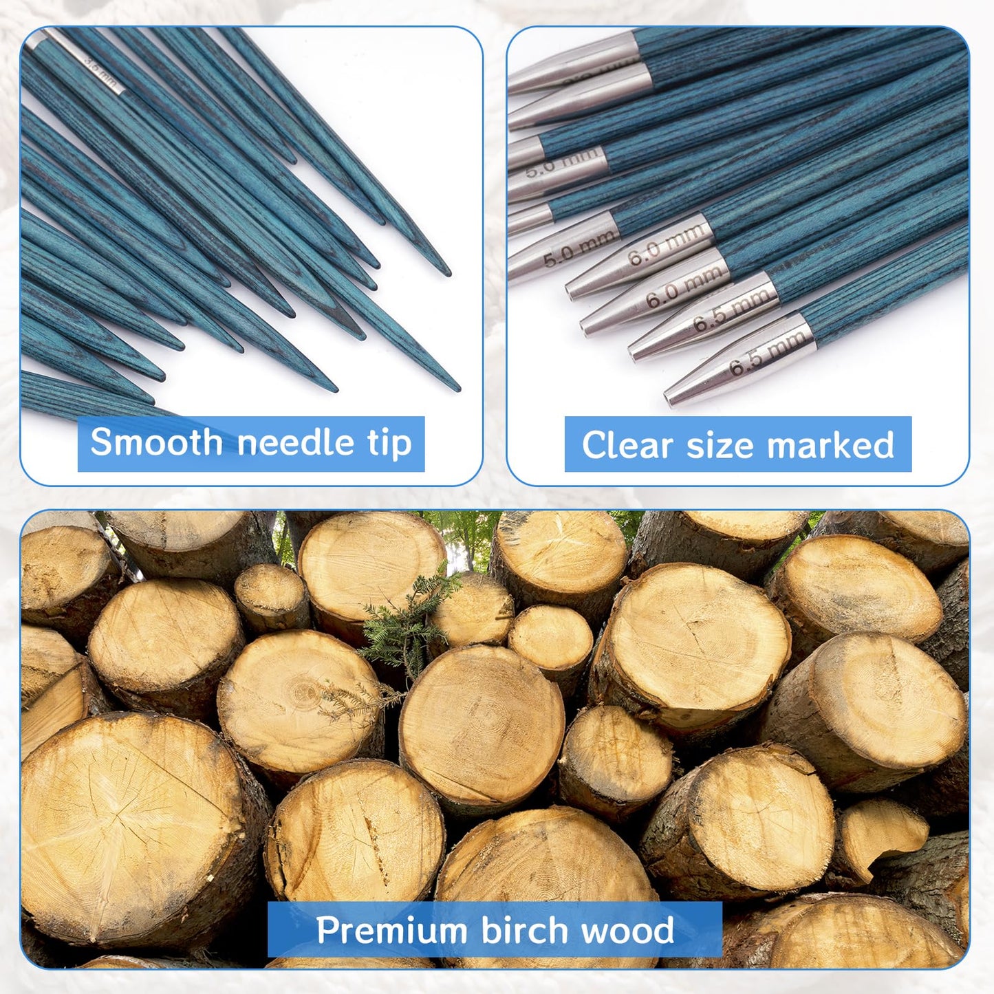 BsHooker Interchangeable Circular Knitting Needles Set with Case,3.5mm-6.5mm Birch Wood Knitting Needles Set with Cables,Complete Accessories