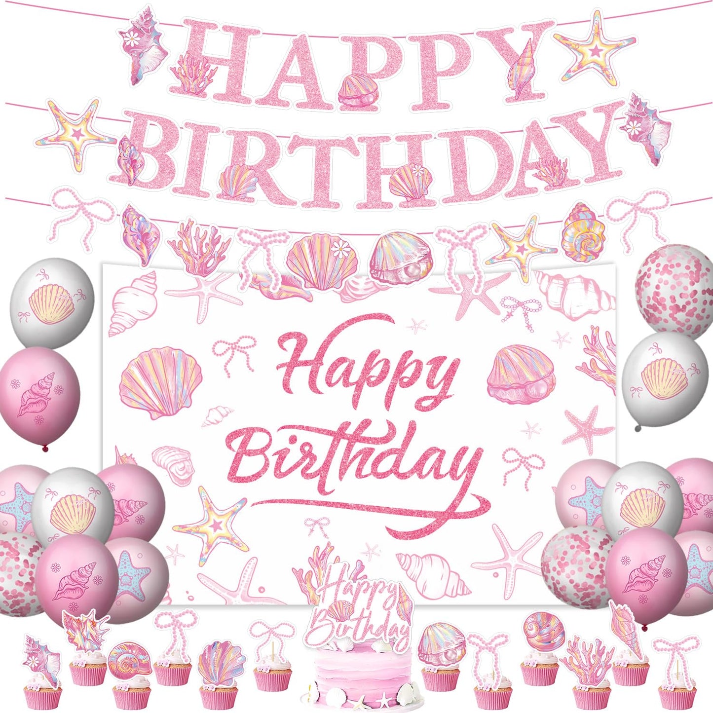 Pink Seashell Party Decorations Include Seashell Banner-Backdrop-Balloons-Cake Topper-Cupcake Toppers for The Summer I Turned Pretty Party Decorations
