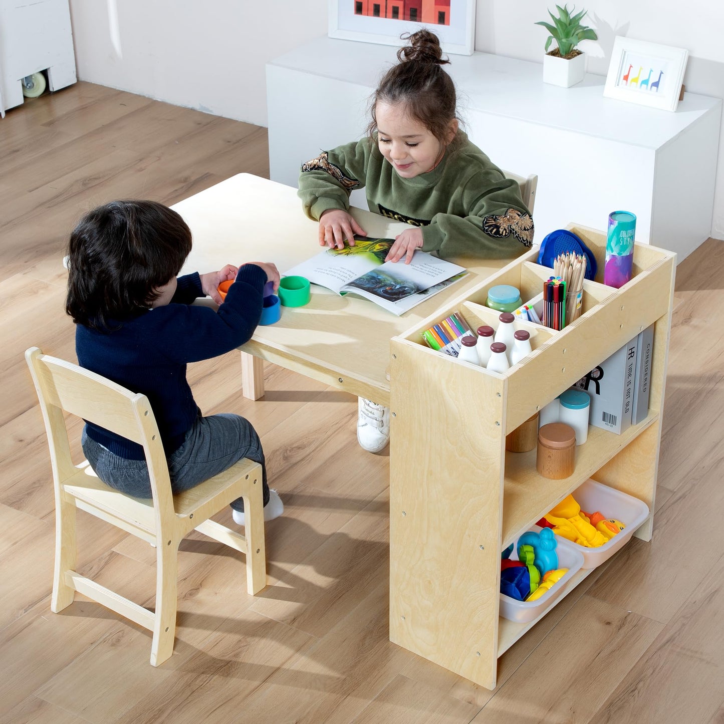 bbgroundgrm Kids Art Table and Chair Set, Birch Wooden Activity Craft Table, Kids Drawing Table, Toddler Desk with Storage and 1 Chair