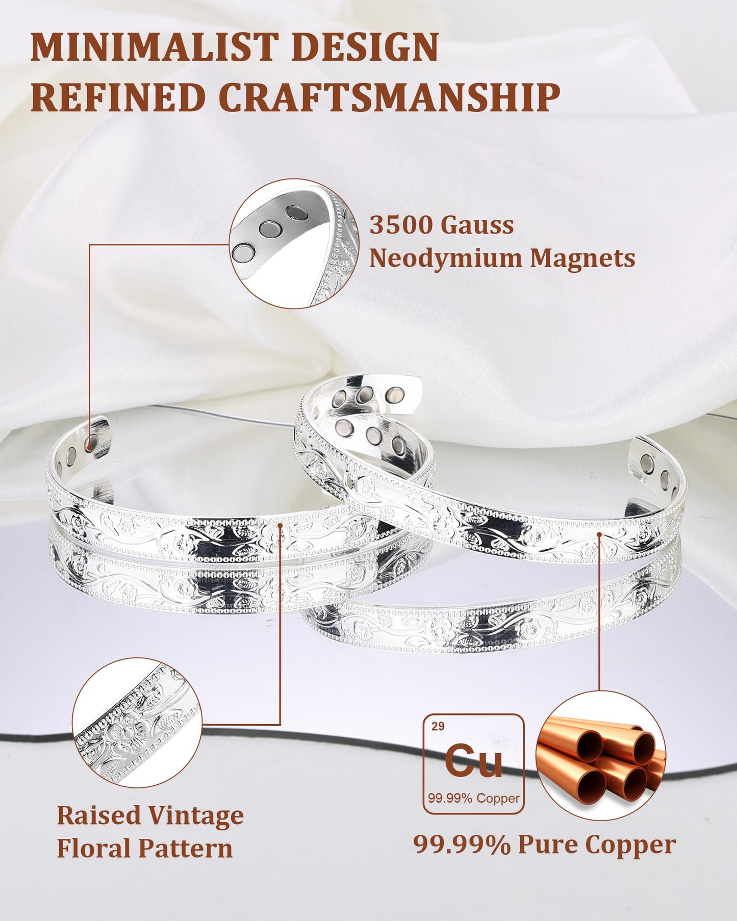 BioMag 2 Pcs Magnetic Copper Bracelet for Women, 99.99% Pure Copper Cuff Bangle with 6 Pcs 3500 Gauss Magnets, Adjustable Size, Floral Vine Design