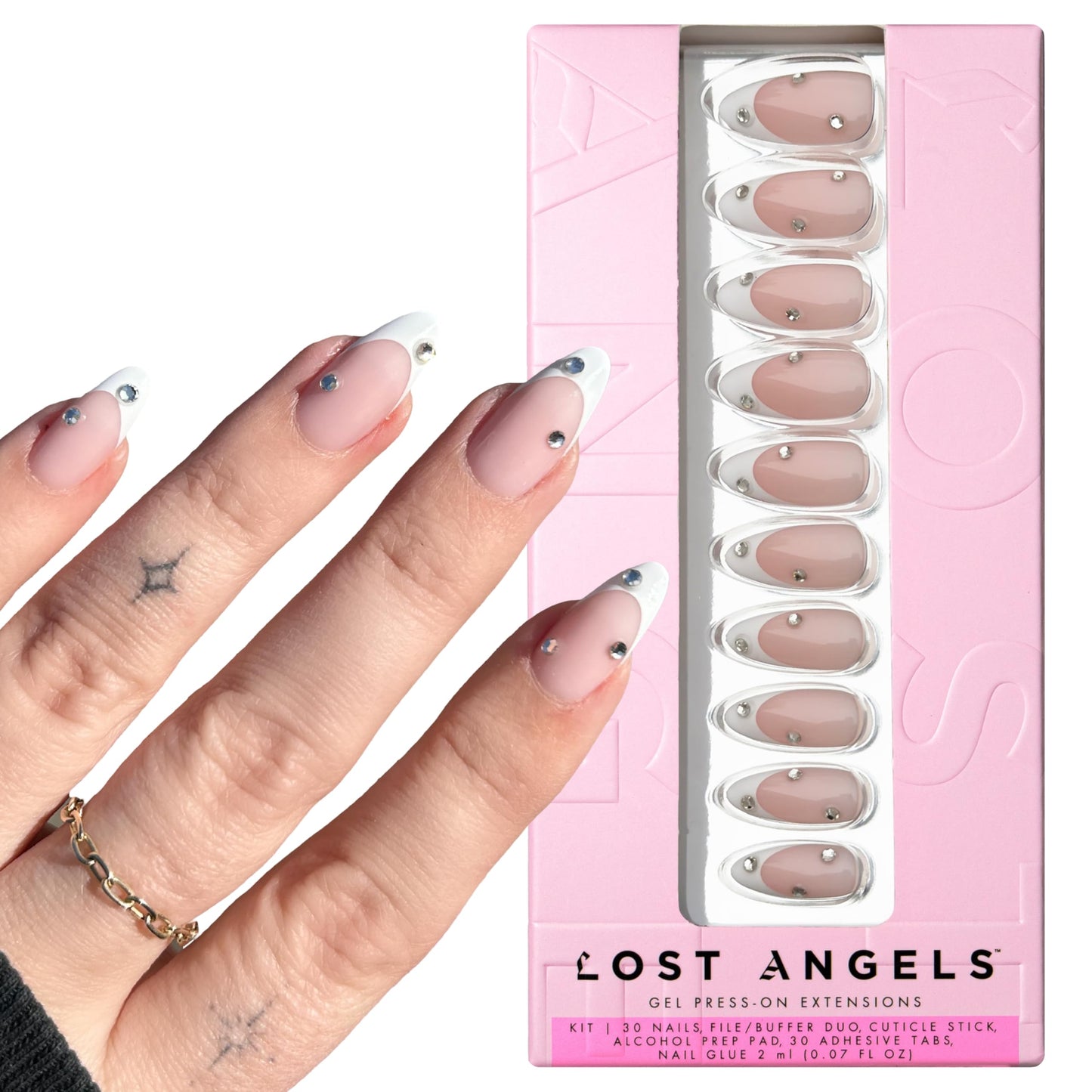 Lost Angels Gel Press On Nails French Tip with Diamond Gems - Cute Press On Nails Almond Medium Length - Easy Nail Kit with Adhesive Tab or Glue - 30 Fake Nail, 15 Sizes