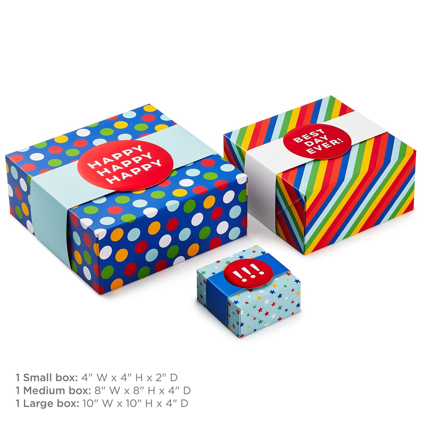 Hallmark Gift Boxes 3-Pack Assorted Sizes (Rainbow Stripes, Dots, Stars) for Birthdays, Weddings, Graduation, Baby Showers, All Occasions, Wrapped Treats and Cookies