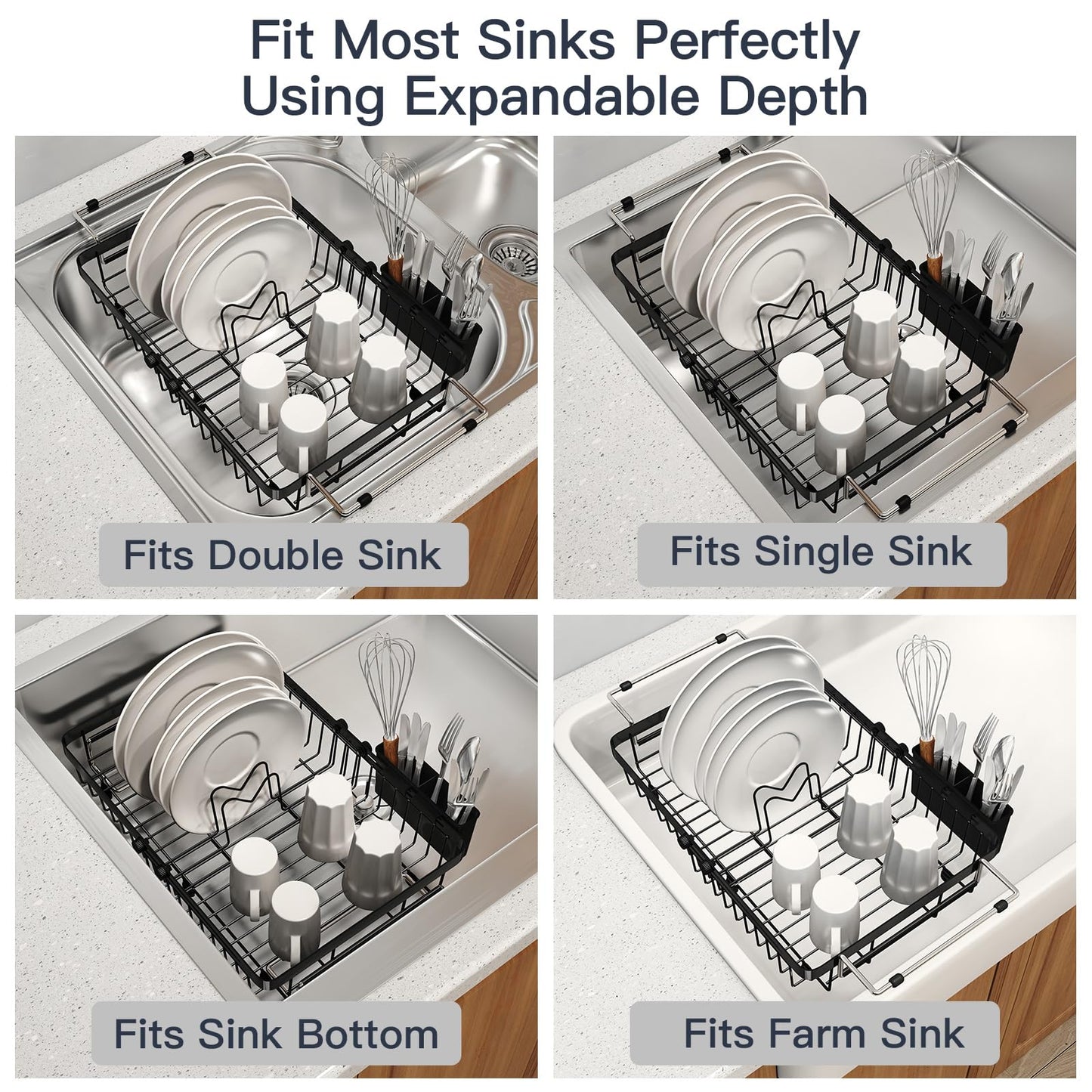 MAJALiS Expandable Stainless Steel Over The Sink Dish Drying Rack for Small Kitchen Counter Space Saving, Compact RV Plate Drainer Strainer in Black Wire Metal with Hanging Adjustable Utensil Holder
