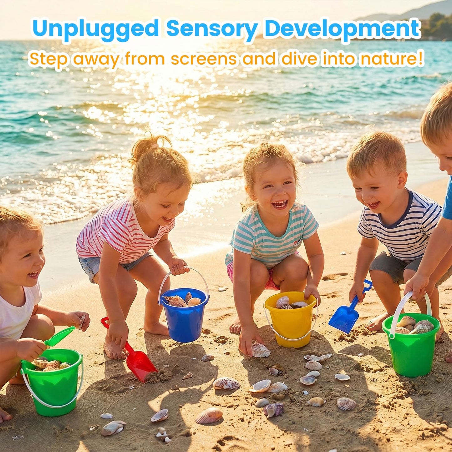 Shindel 28Sets Sand Buckets and Shovels for Kids, Beach Buckets Travel Sand Toys, Beach Essentials, Fun Summer Activities