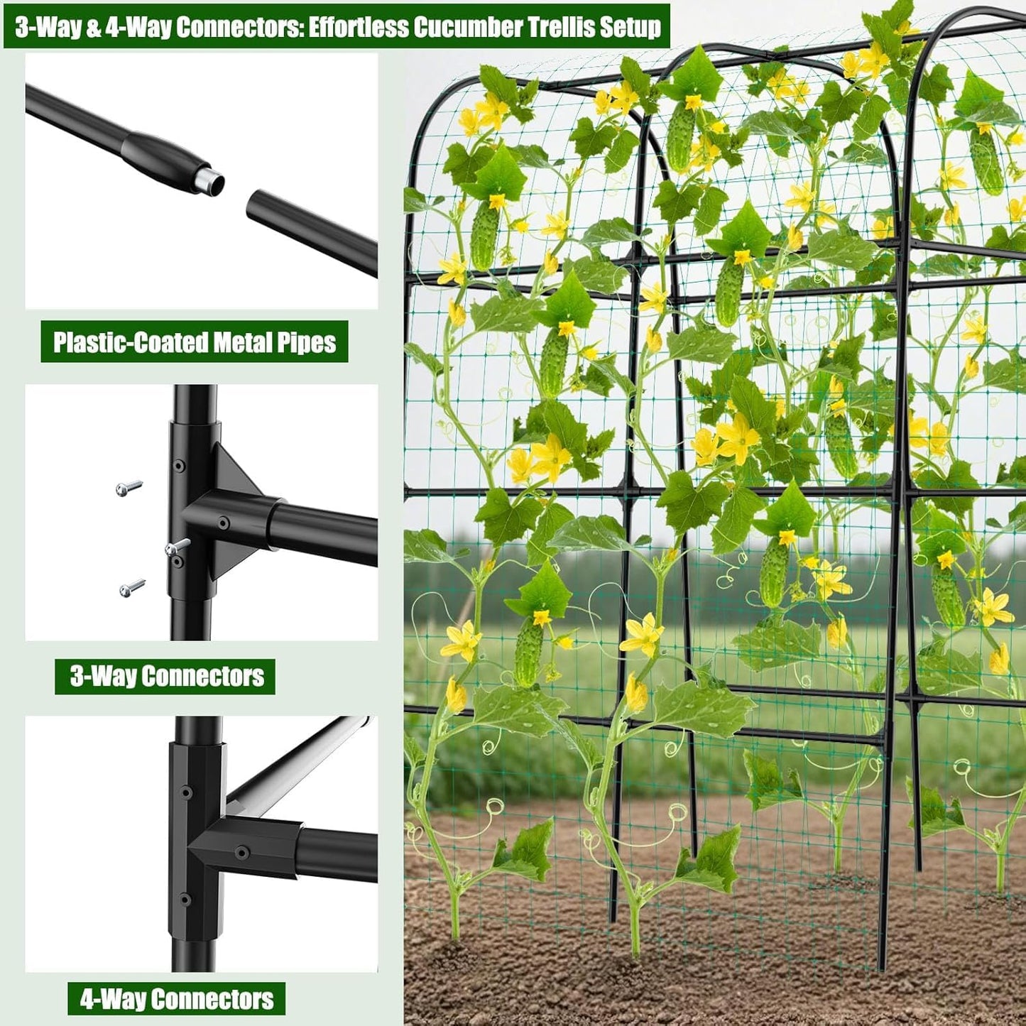 7.3FT Cucumber Trellis for Raised Bed, Garden Arch Trellis with Net, Rustproof Metal Plant Support for Climbing Plants Outdoor, Tomato Zucchini Squash Bean Pea Melon Vine, Rose Flower Garden Arbor