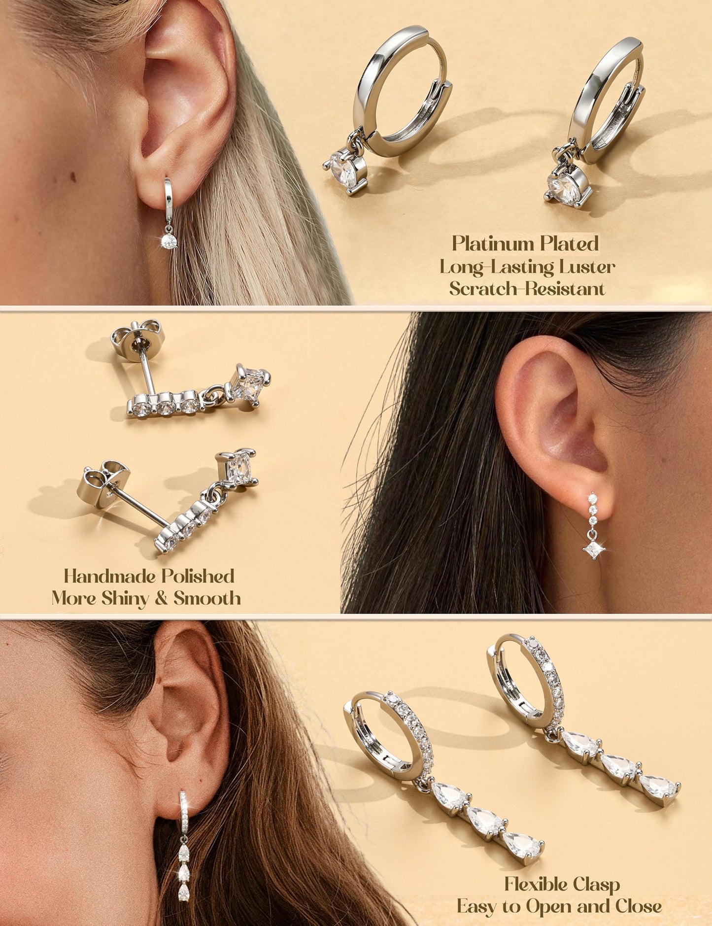 MILACOLATO 5Pairs 925 Sterling Silver Earrings for Women Platinum Plated Stud Huggie Hoop Earrings Sets for Multiple Piercing Hypoallergenic CZ Cartilage Earrings Stacks Trendy Gifts