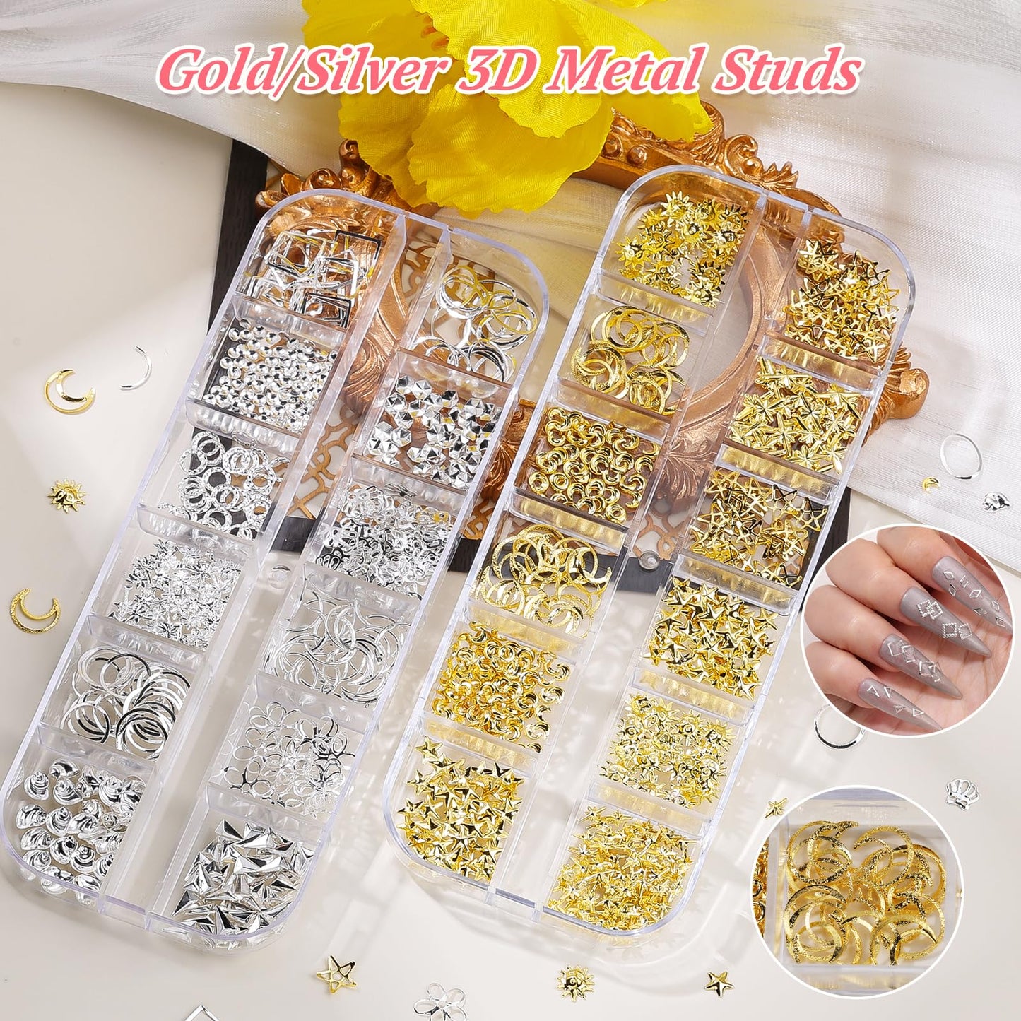 10 Boxes Nail Rhinestones Gems Kit,Gold/Silver Metal Studs,Mixed Sizes Flatback Crystals Rhinestones,Half Pearls,Sequins,Foil Flakes with Tweezers & Dotting Tools for DIY Manicure