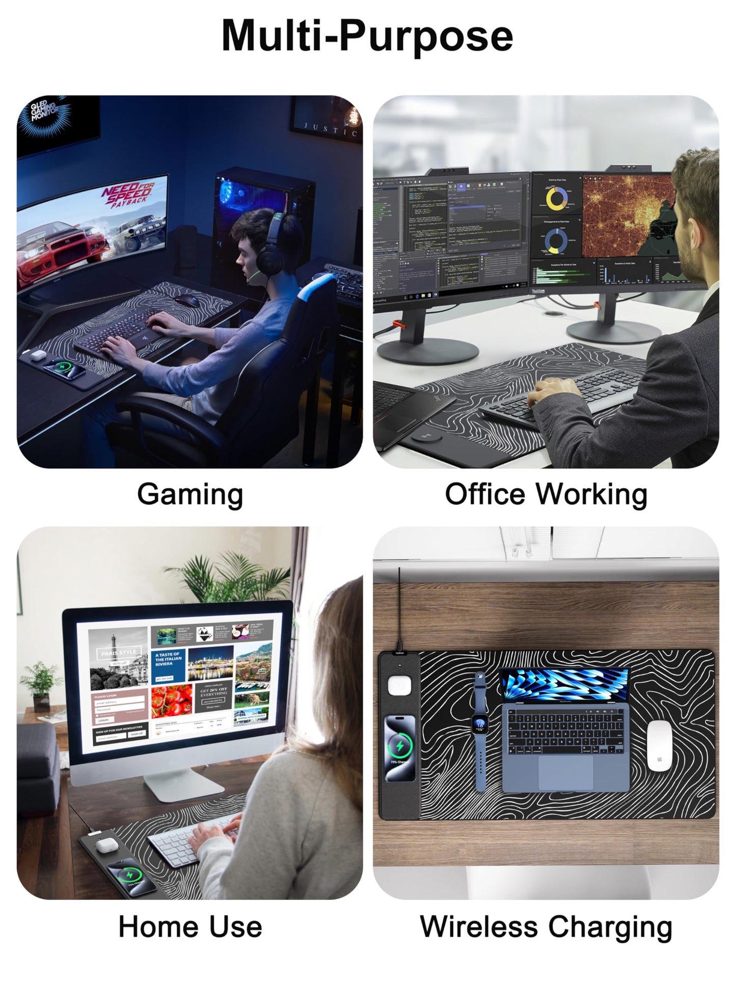 TopMade Mouse Pad with 15W Fast Wireless Charging, 31.5"x15.75" XXL Large Gaming Waterproof Desk Pad with Ultra-Smooth Surface, Non-Slip Base, Computer Desk Mat, Black Topographic Map #1