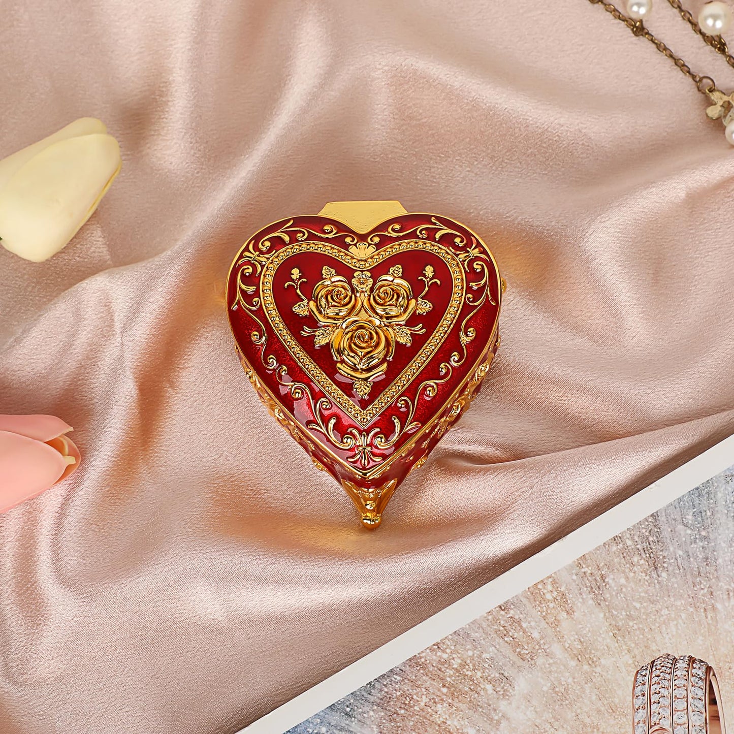 Hipiwe Heart Shape Jewelry Box Classic Metal Trinket Organizer Ring Storage Box with Rose Pattern Jewelry Storage Box for Ring Earrings Necklace, Gift for Women, Red