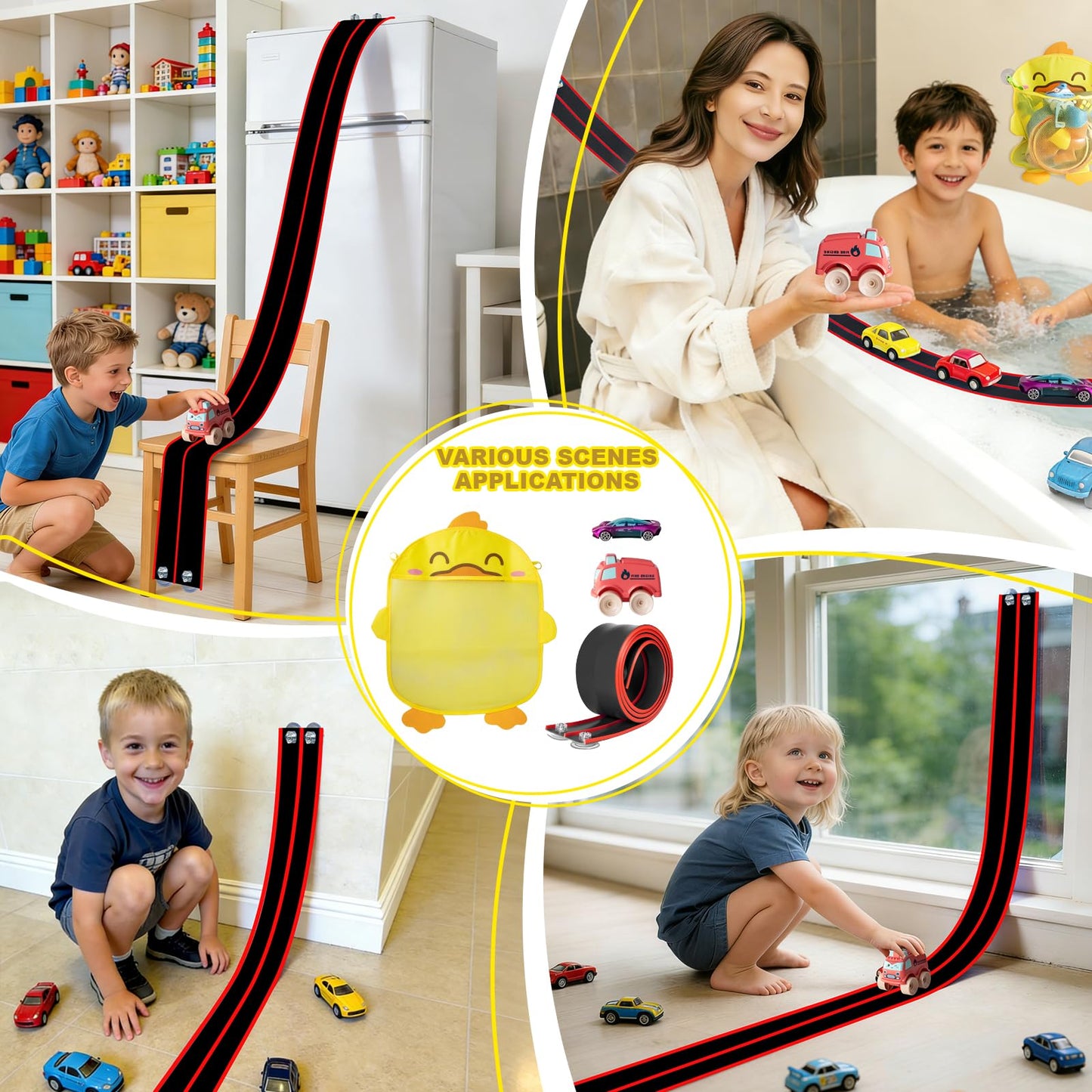 Race Car Bath Toy Set, Toddler Bath Toys, Flex Race Track Car Set, Kids Bathtub Gift, Including Mesh Storage Bag - Suction Cup, for Ages 3 & Up (10-Piece Set) (Black & Red)
