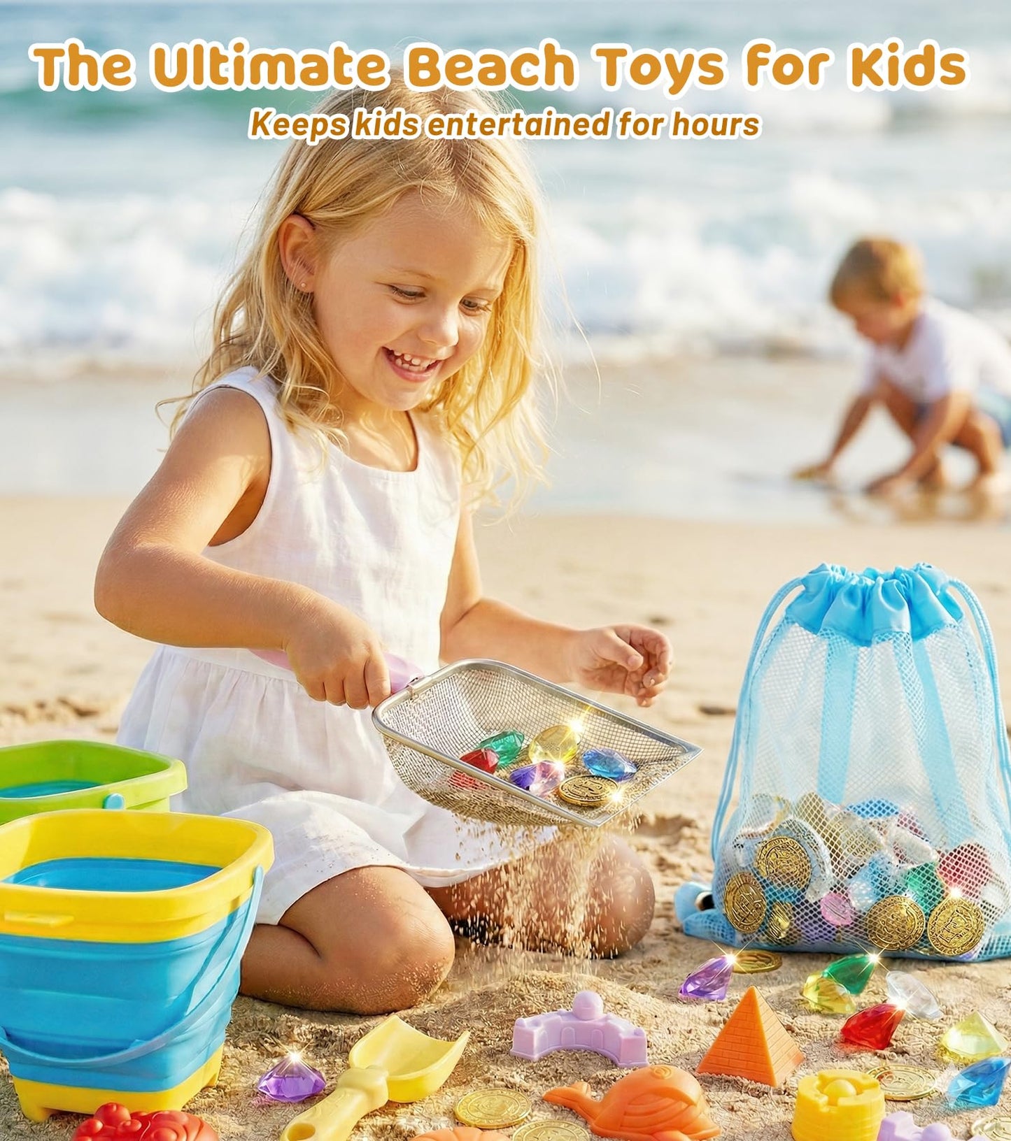 Eicaus 46 PCS Beach Sand Toys for Kids Toddlers, Collapsible Sand Buckets & Mesh Bag Set with Heavy Duty Metal Sifters, Treasure Hunt Gems, Castle Molds, Travel Sandbox Toys for Boys Girls