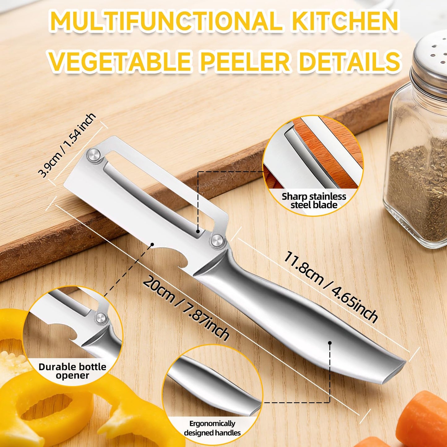 2-in-1 Multifunctional Vegetable Peeler for Kitchen, Heavy Duty Stainless Steel Blade with Wide Arc-Shaped Edge, Premium Fruit and Vegetable Peeler for Butternut Squash Pumpkin Pineapple Sugarcane