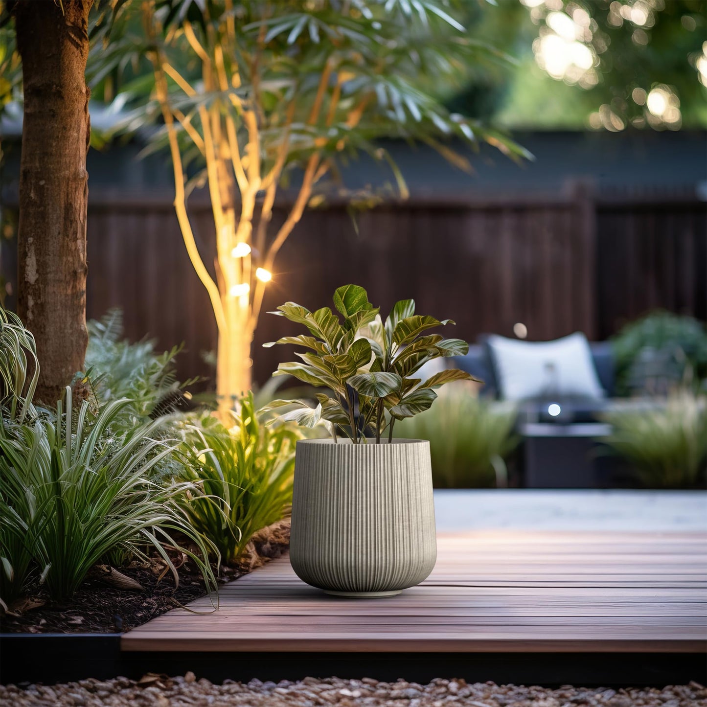 Kante 13.0" Dia Round Fluted Concrete Planter, Large Plant Pot with Drainage, Smooth Weathered Concrete Finish with Painted Interior, for Indoor and Outdoor Use