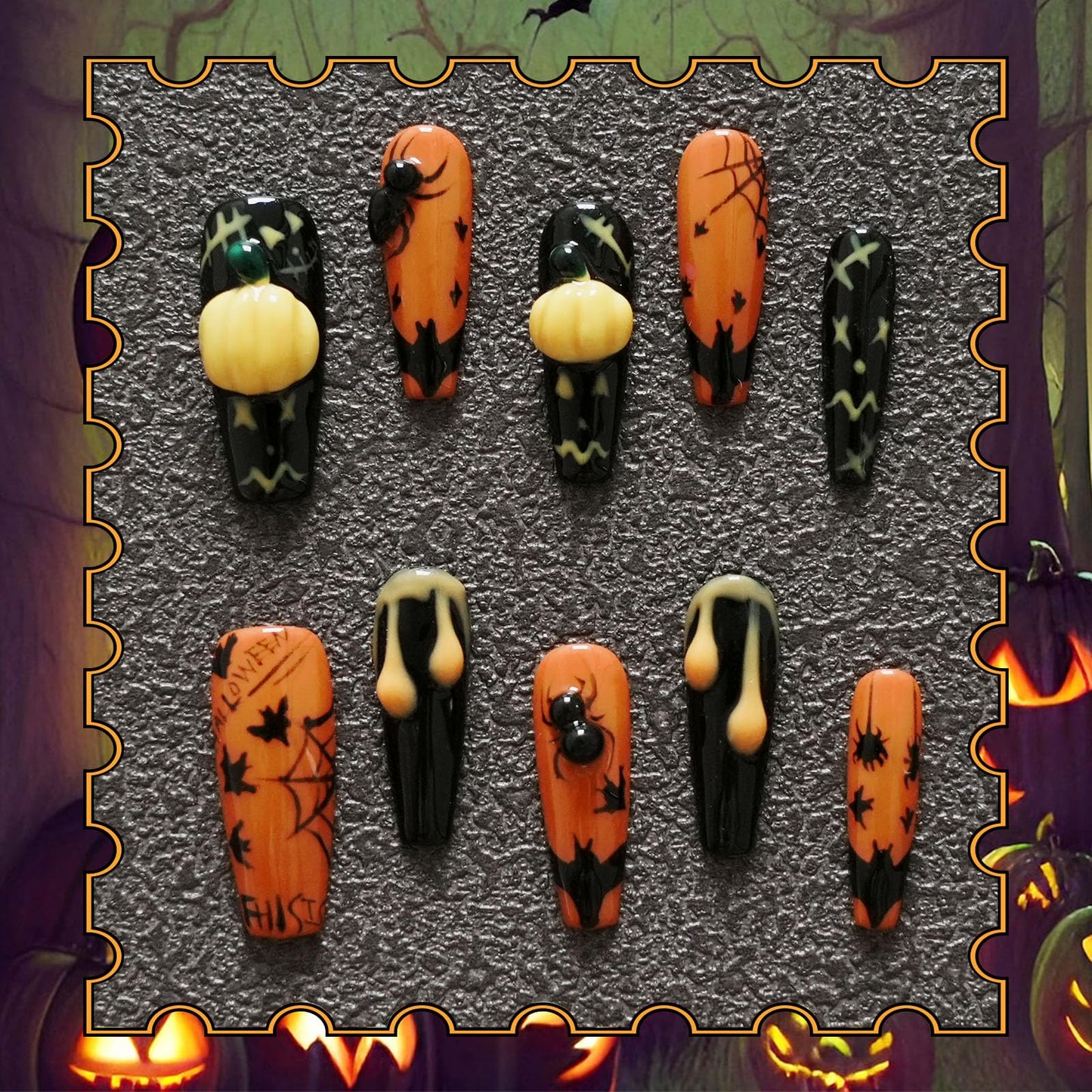 Tesytto Handmade Goth Press on Nails Long Coffin - Black 3D Bat & Spider Web Design, Cool Alt Style Luxury Glue on Nails (Pumpkin Bat Silhouette,M)