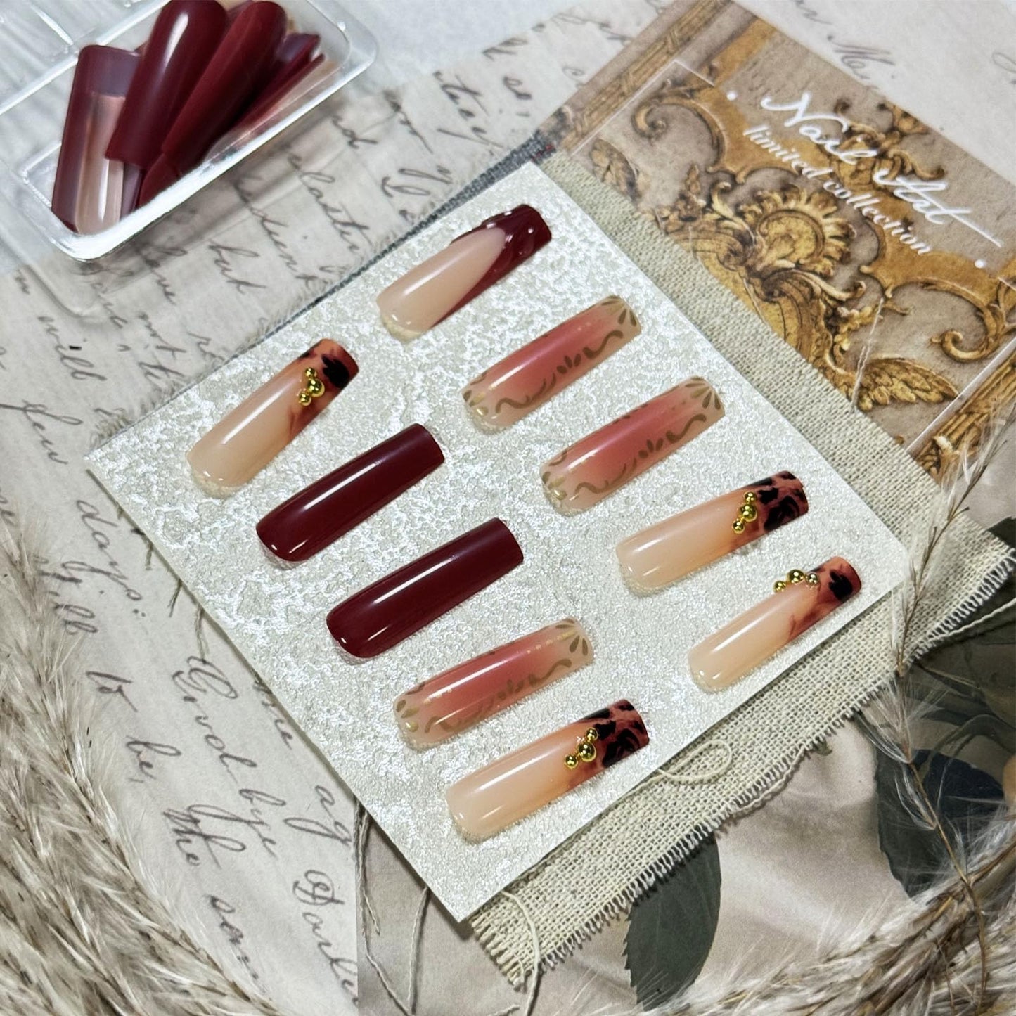 IMSOHOT Fall Press on Nails Long Square Fake Nails Brown Ombre French Nail Tips Chrome Golden Full Cover Acrylic Glue on False Nails for Women