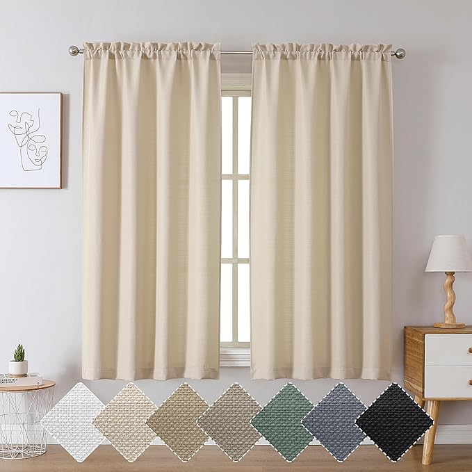 Chyhomenyc Bedroom Curtains 63 Inch Length 2 Panels, Faux Linen Textured Light Filtering Soft Airy Rod Pocket Window Treatment Drapes for Living Room, Each 40Wx63L, Linen Color