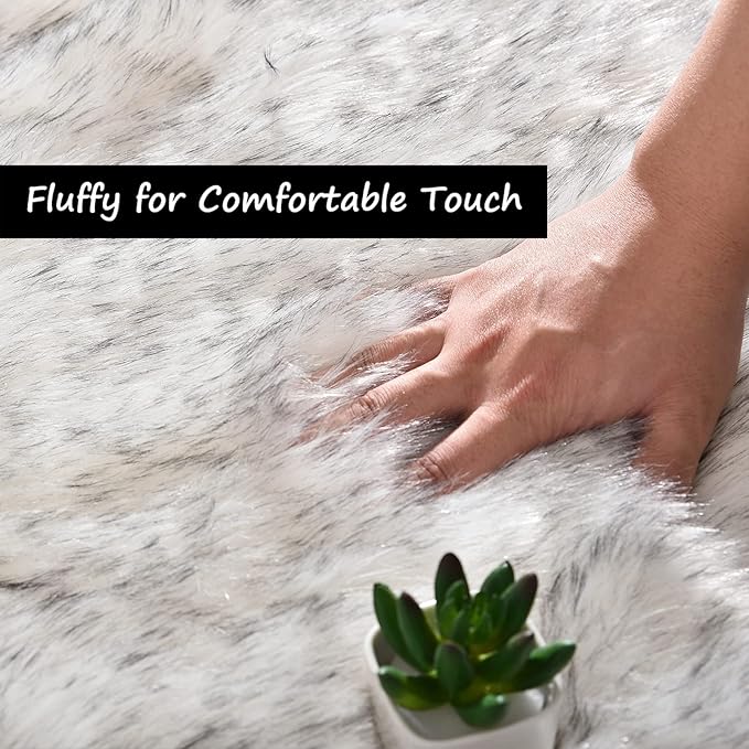 Goolela Sheepskin Area Rug 9x12 Fluffy Fuzzy Furry Rug for Living Room Bedroom Faux Fur Shaggy Plush Rectangle - White with Grey Tips