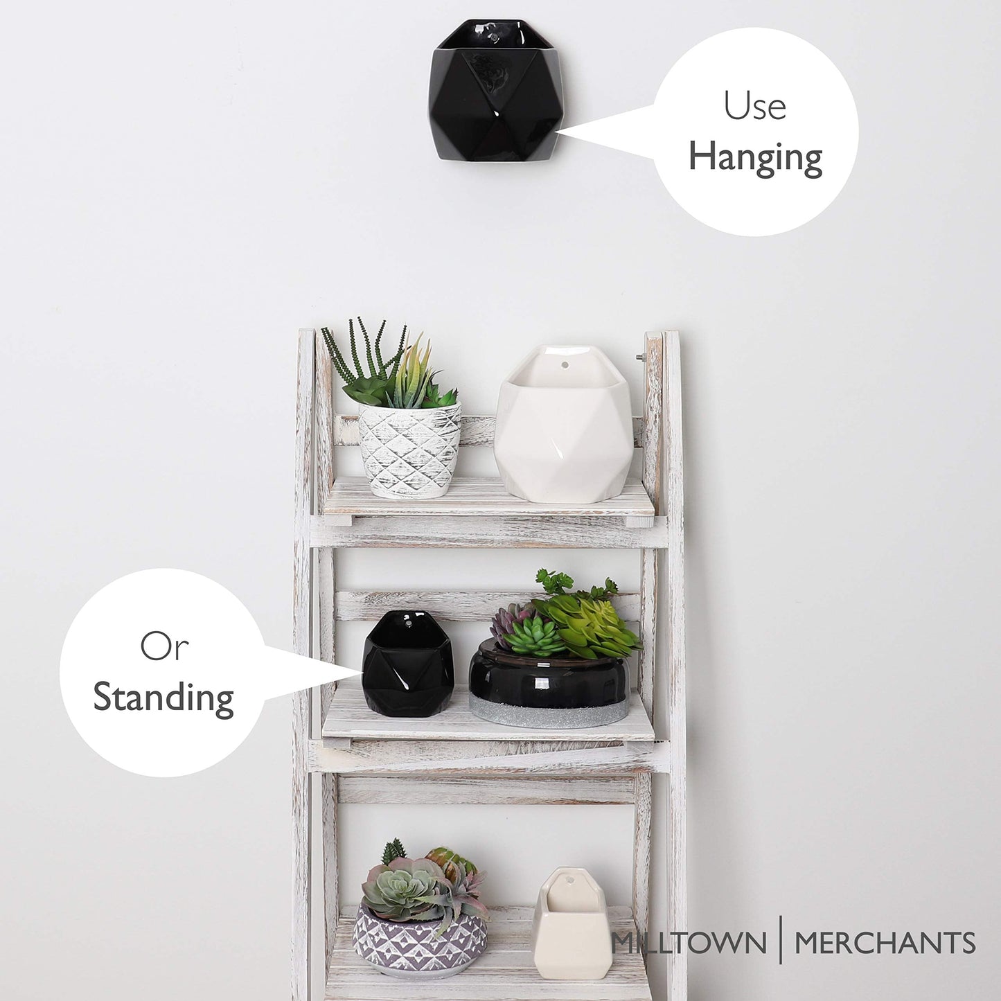 Milltown Merchants Succulent Wall Planters - Wall Vases - White Ceramic Wall Mounted Planters - Succulent Plant Pots - Hanging Vases for Living Wall (2 Pack/Geometric/Black)