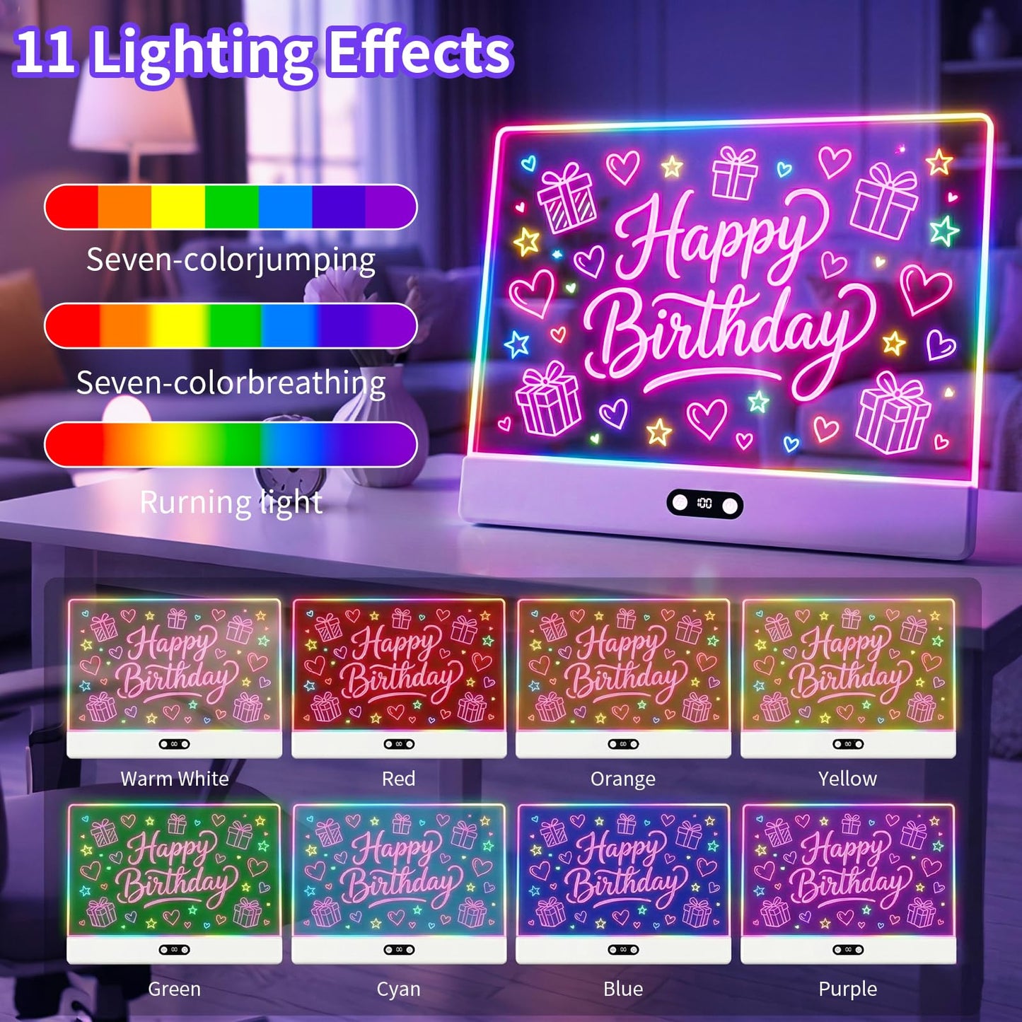 KOBAIBAN LED Drawing Board for Kids, 16” Rechargeable Light Up Drawing Pad with 1500mAh Battery, 11 Light Modes Neon Dry Erase Board, LED Note Pad for Message, Night Light, Gifts for Girls Boys