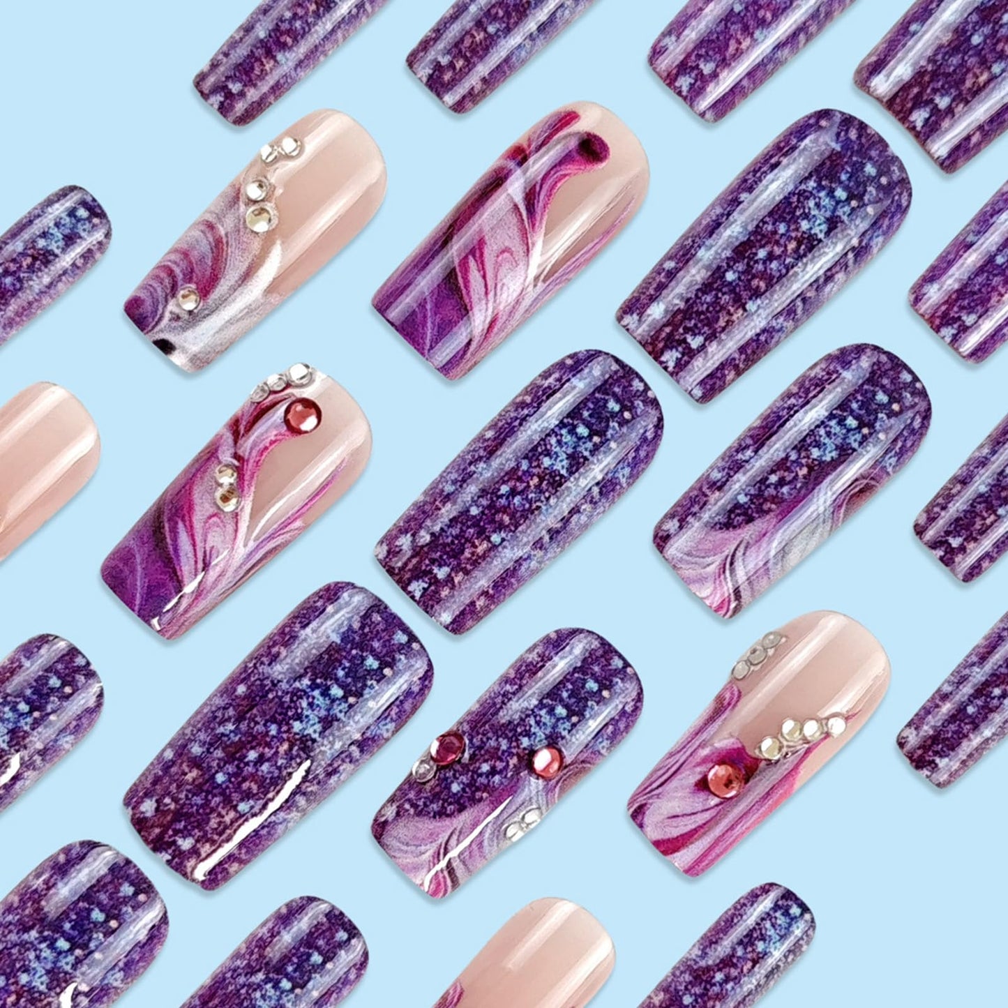 24Pcs Purple Press on Nails Medium Square Fake Nails with Rhinestone Designs Spring False Nails Purple Glitter Acrylic Nails Glossy Glue on Nails Full Cover Stick on Nails for Coquette Women