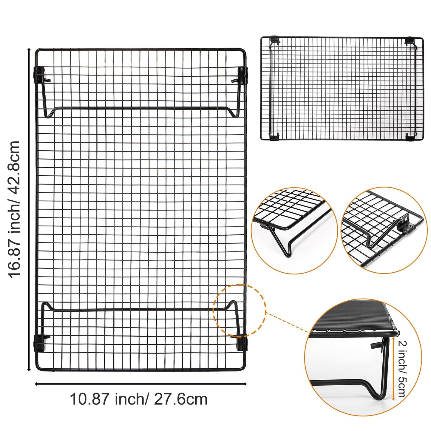 Kingrol 2-Piece Cooling Rack with Collapsible Folding Legs - for Cooking, Roasting, Drying, Grilling (Black)