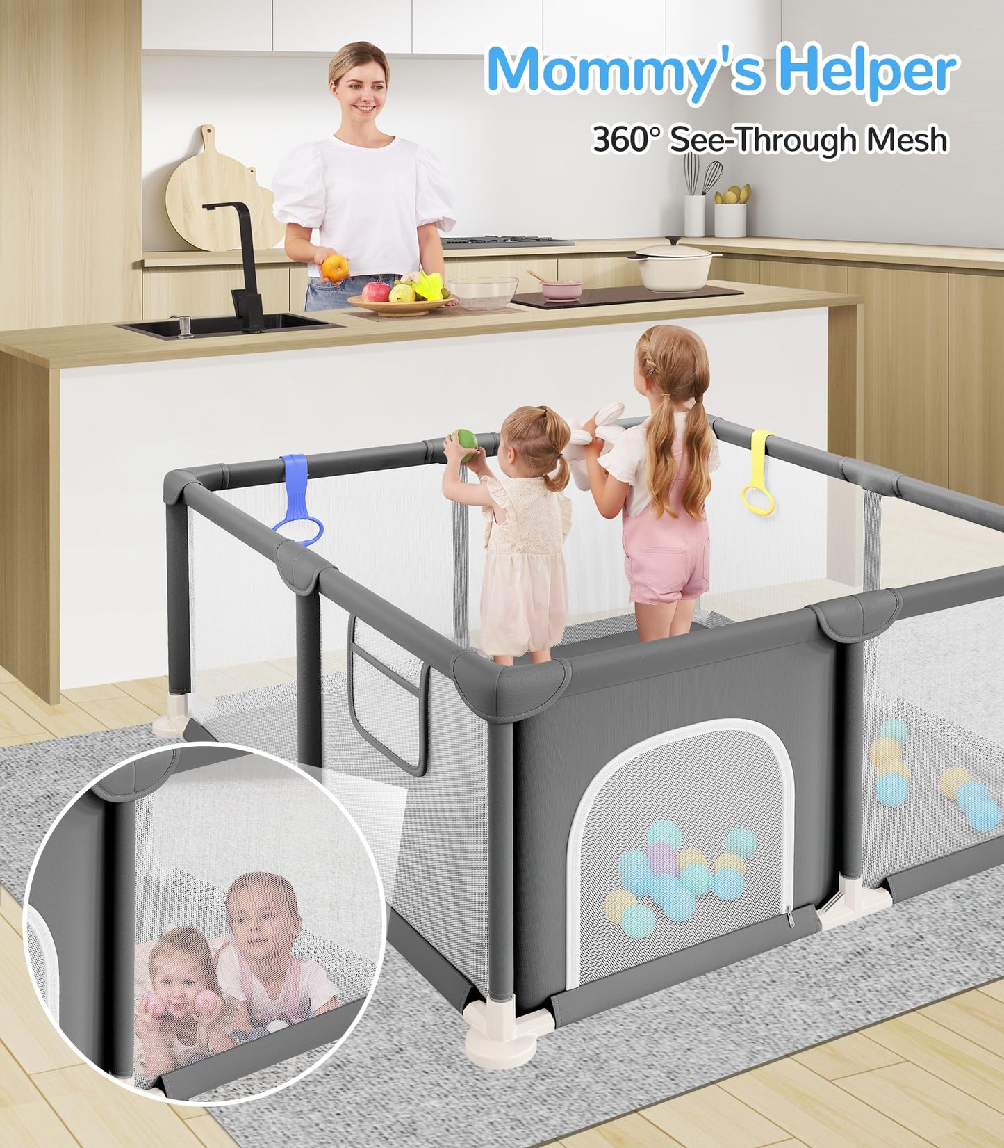 Dripex Baby Playpen, 47"x47" Small Playpen for Babies, Enhanced Safety Baby Play Yard for Indoor & Outdoor, Infant Play Pen with Soft Breathable Visible Mesh, Anti-Fall Design & Easy Setup, Grey