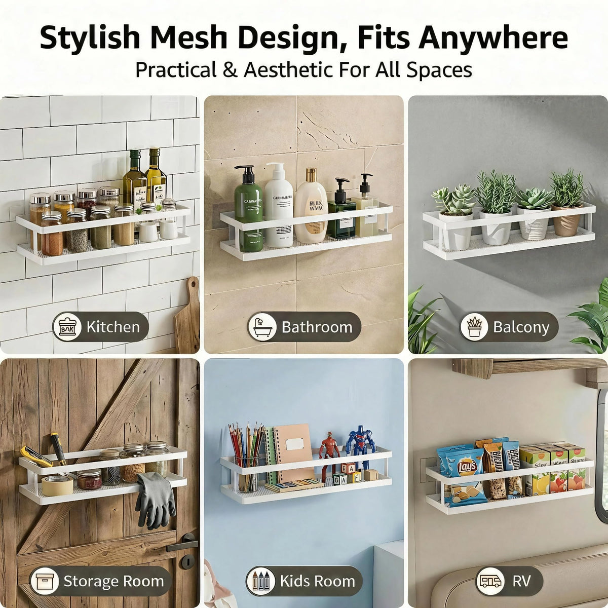 5-in-1 16.5" Extra Long Kitchen Organizer & Shower Caddy Set, Wall Mount Spice Rack with Paper Towel Holder, Utensil Holder & Soap Dish, Rustproof Mesh - White, Guardrail