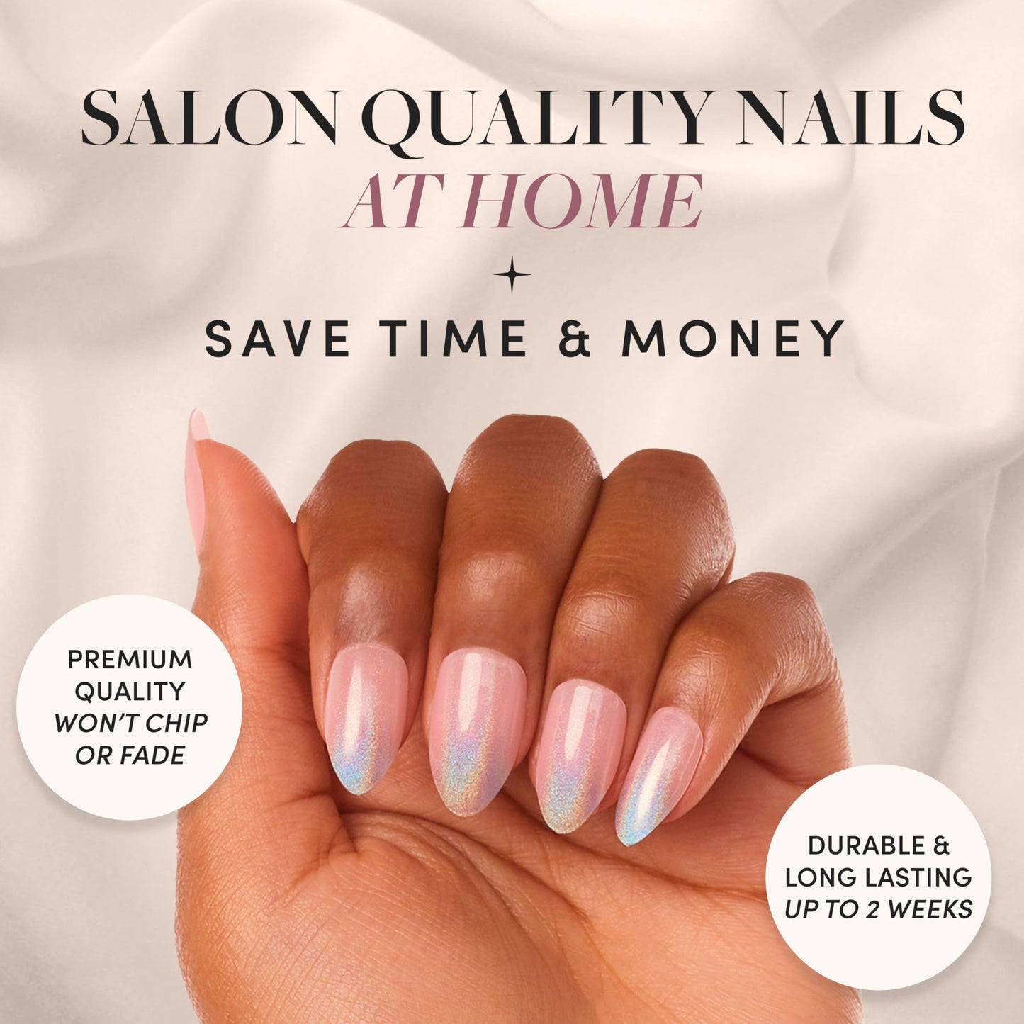 Glamnetic Press-On Nails Bundle - Creamer, Goal Digger & Winter Storm | Neutral Ombre Round | Glossy, Semi-Transparent, Round | Holographic Short Almond Nails | Reusable