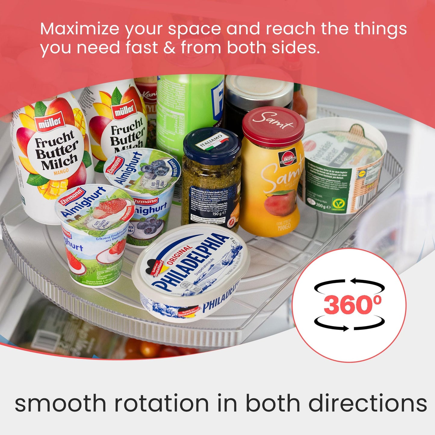 Wyliepop Lazy Susan for Refrigerator - 360° Turntable Refrigerator Organizer and Storage Tray for Fridge, Cabinet & Pantry - Rectangle Lazy Susan (16.5"x11.5"x1.5")