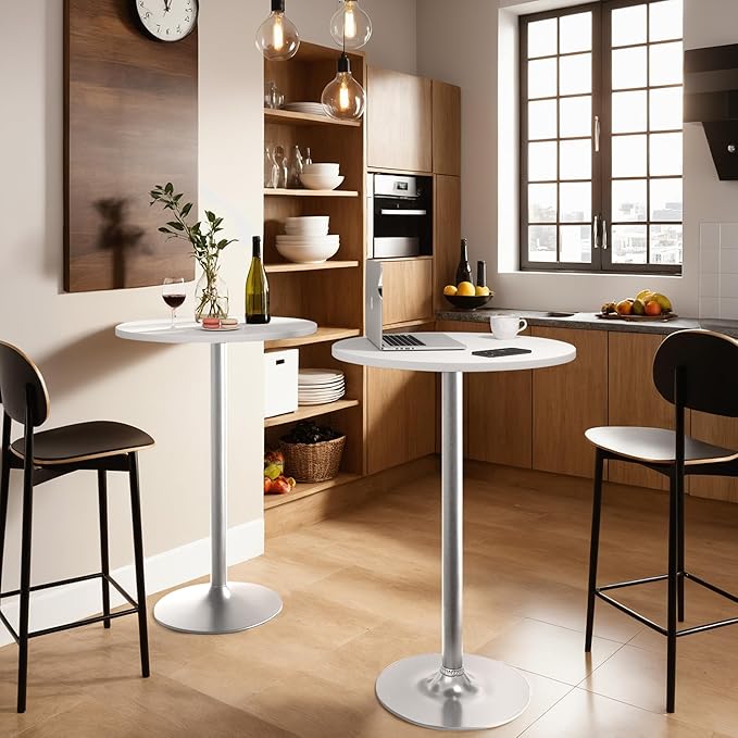 Furmax Bistro Pub Table Round Bar Height Cocktail Table for Home Bar, Small Round Bar Tables for Party, Dining Room, Living Room and Wedding, Metal Base MDF Top Obsidian, 40.6 Inch Height (4, White-2)
