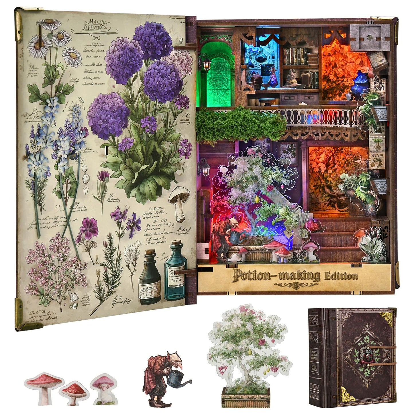 MiniCity Book Nook Kit,Tiny House Kits to Build to Live in,DIY Wooden Crafts for Adults, Mini Model Kits with LED, Birthday and Valentine's Day Gift for Adults (Potion-Making Edition)