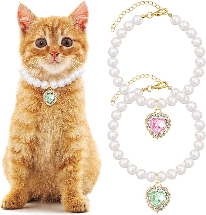 Mxxipp 2pcs Pearl Collar for Cat Puppy, Small Cute Heart Shape Rhinestone Pet Necklace, Adjustable Wedding Party Pet Jewelry Accessories for Puppy Kitten- Green & Pink