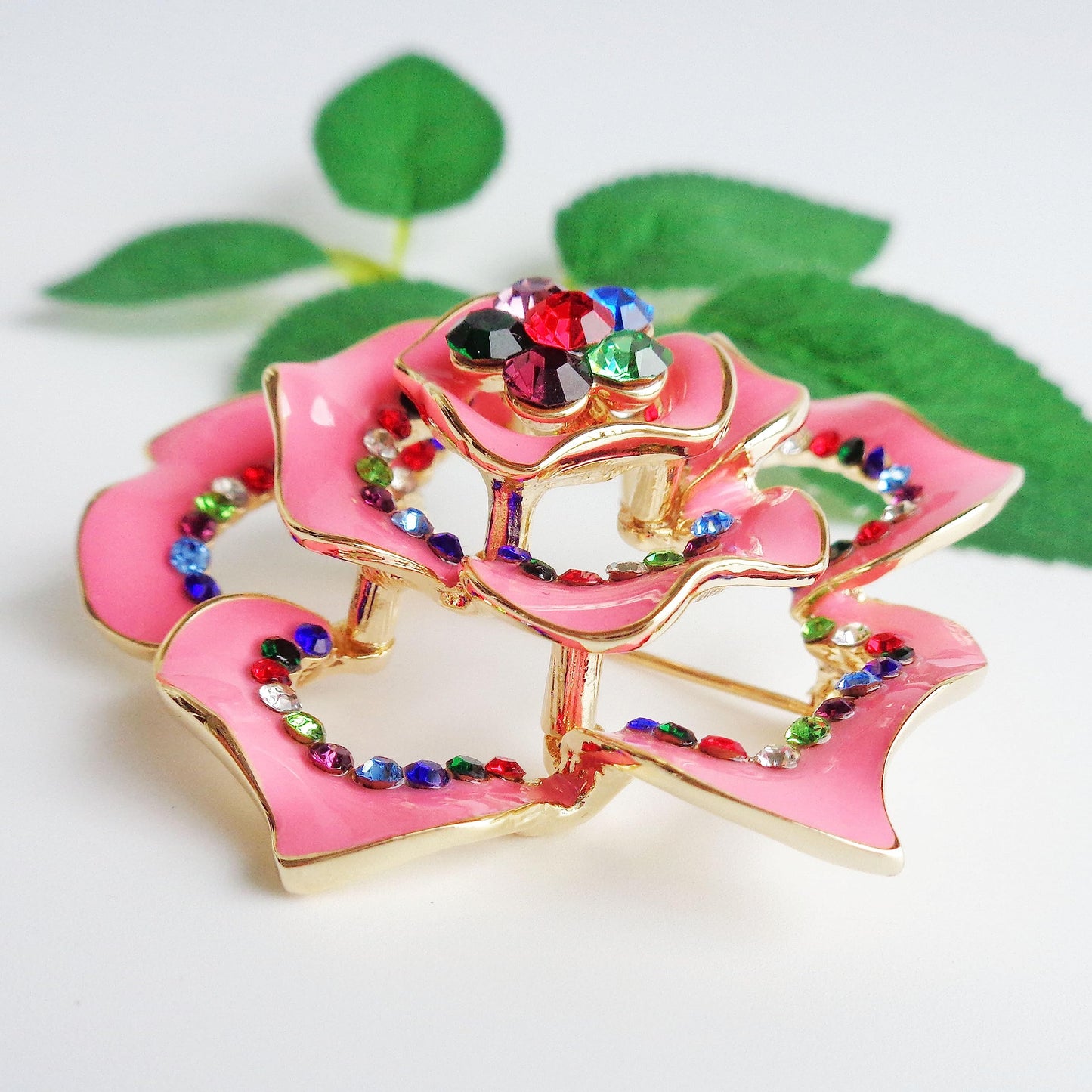 Navachi 18k Gold Plated Multi-color Crystal Pink Enamel Rose Flower Az7835b Brooch Pin