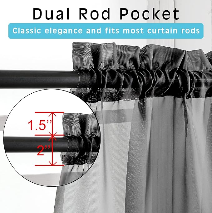 OVZME 2 Panels Sheer Black Curtains 54 Inches Length Window Treatment for Kitchen, Elegant Airy Transparent Curtain Draperies Rod Pocket for Kids Living Room, Each 42 Width 54 Length