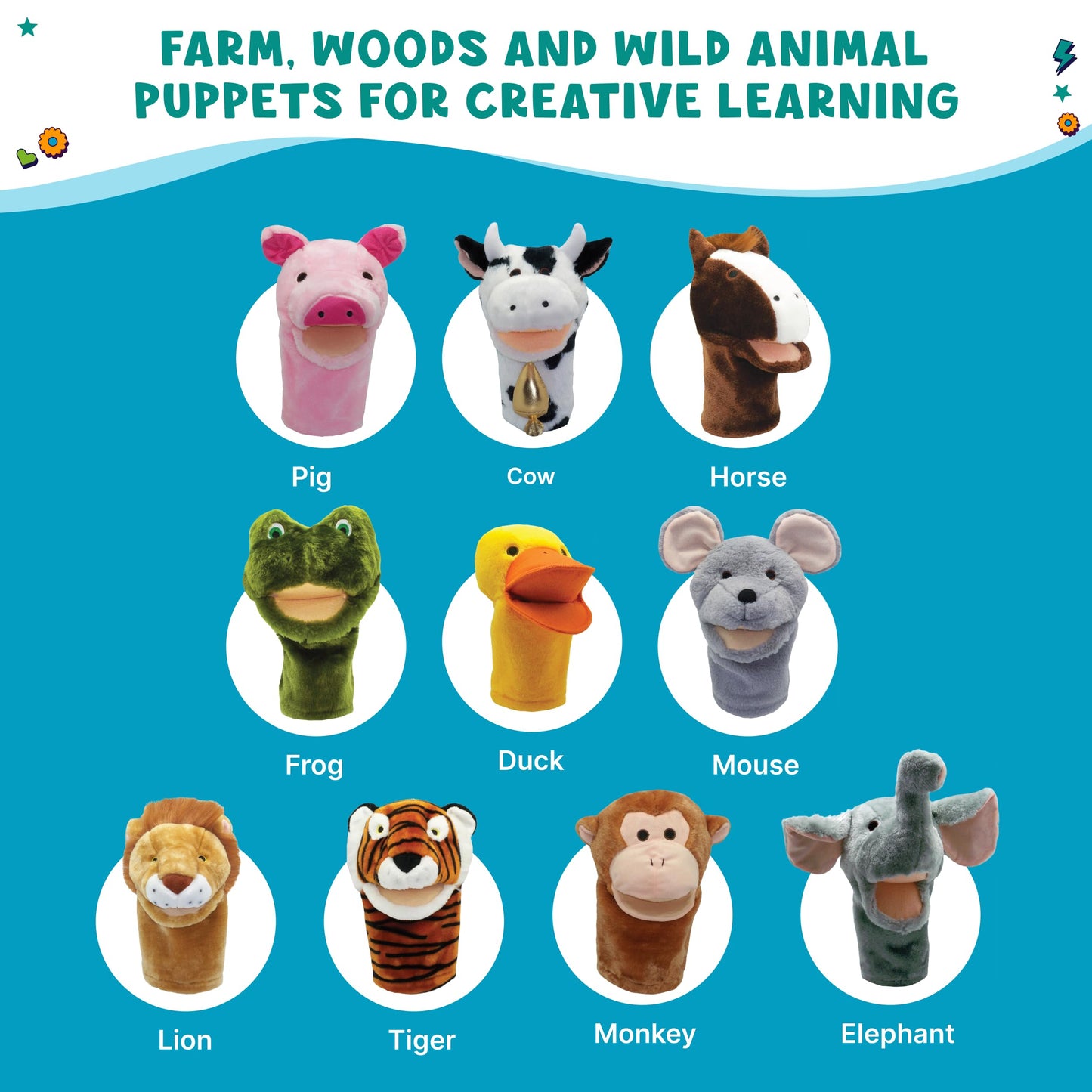 Get Ready Kids BigMouth Animal Hand Puppets – Set of 10 Plush Toy for Toddlers 1-3 & Kids Ages 4-8 | Includes Monkey, Tiger, Pig, Lion, Cow & More | Soft Animal Puppets for Learning & Fun
