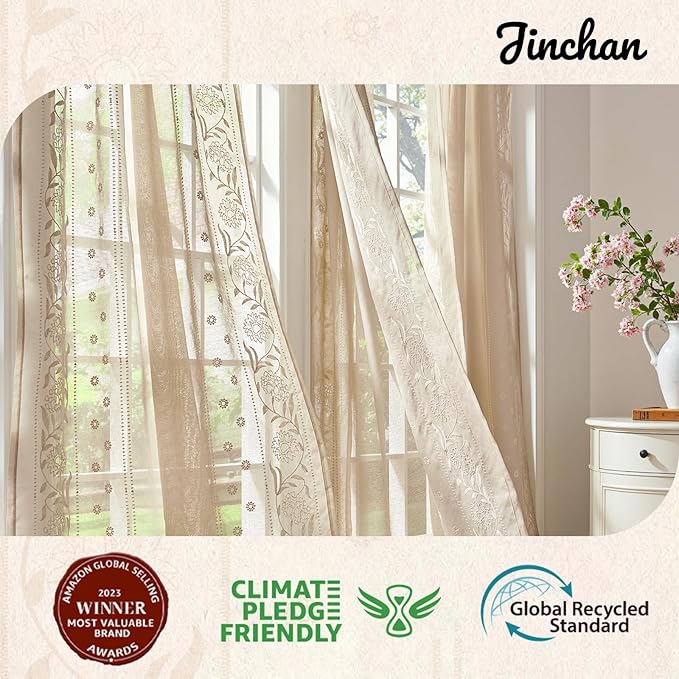 jinchan Winslow Sheer Curtains 63 Inch Length for Dorm Bedroom Bordered Floral Pattern Decorations Short Curtains Light Filtering Window Treatments, 50W x 63L, Ivory on Beige, 2 Panels