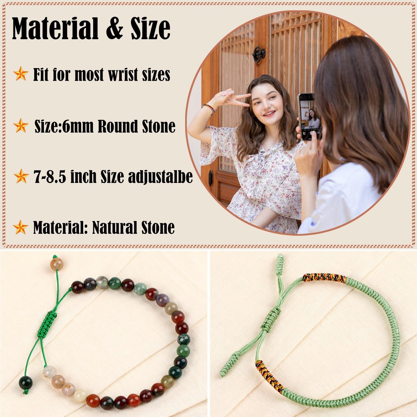 LPBeads 6mm Indian Agate Bracelet with Handmade Rope Bracelet Size Adjustable Natural Stone Crystal Healing Bracelets Gifts for Unisex Adults