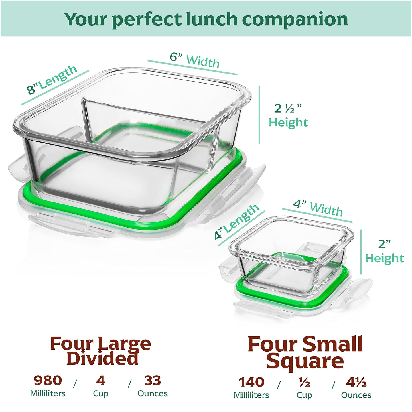 Fusion Gourmet Glass Meal Prep Containers with Lids [8 Pack, 33 oz & 4.5 oz] - 2 Compartment Divided Glass Bento Boxes for Adults, Oven Safe & Airtight